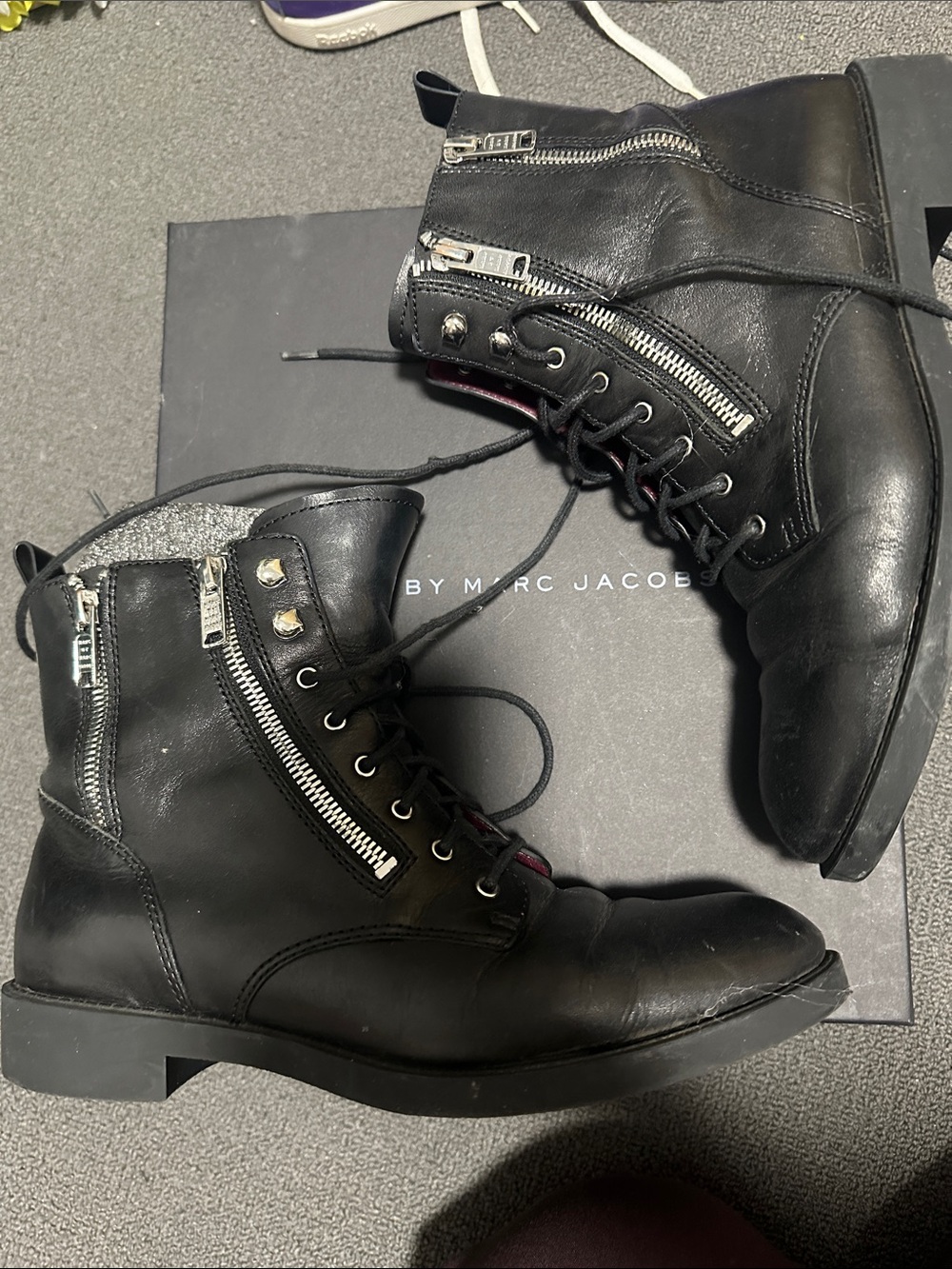 Marc Jacobs Black Leather Lace-Up Zip Combat Boots